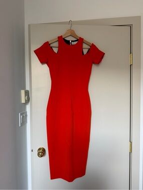 Victoria Beckham Red-Orange Open Shoulder Midi Dress